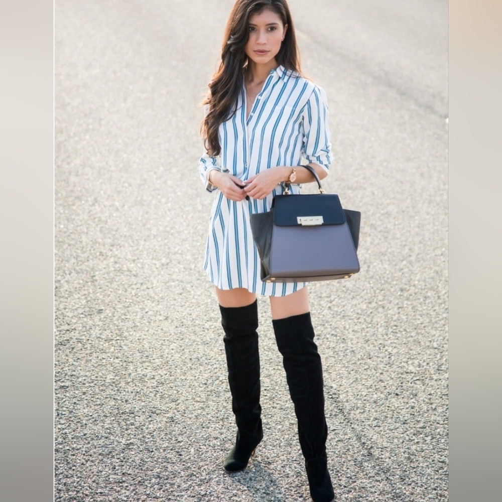 Loft Striped Shirt Button Belted Midi Dress
